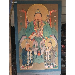 道教的三位最高尊神，纯手绘老粗布五彩描金，上清灵宝天尊画像，画工精湛