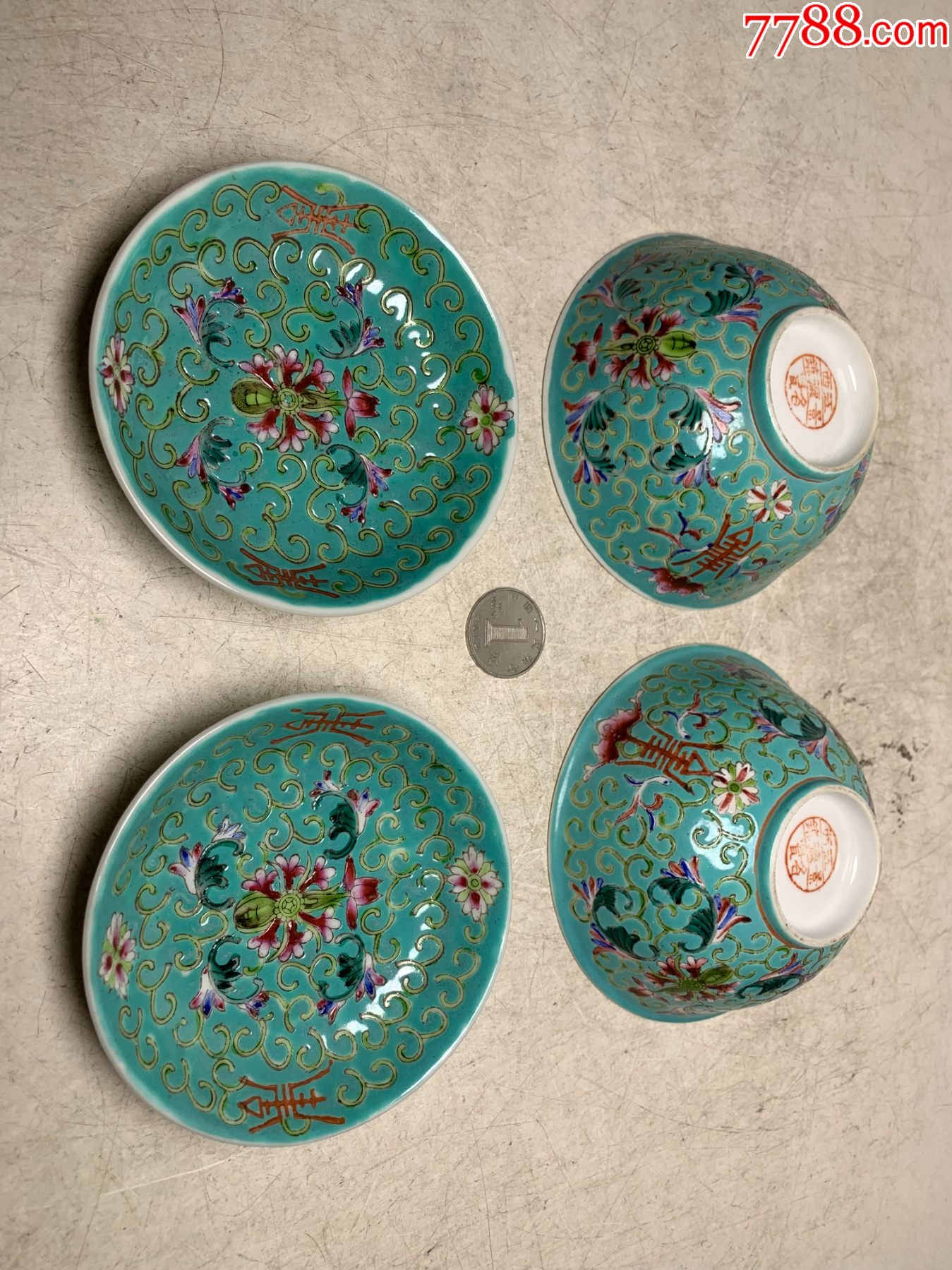 解放初江西景德镇名瓷松石绿底粉彩百花不露底2碗2碟_旧瓷器_丁一晚清