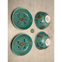 解放初江西景德镇名瓷松石绿底粉彩百花不露底2碗2碟_旧瓷器_丁一晚清