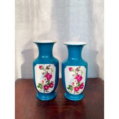 80年代博山陶瓷厂生产锦青釉花开富贵牡丹图花瓶观赏瓶一对-蓝釉瓷-7788