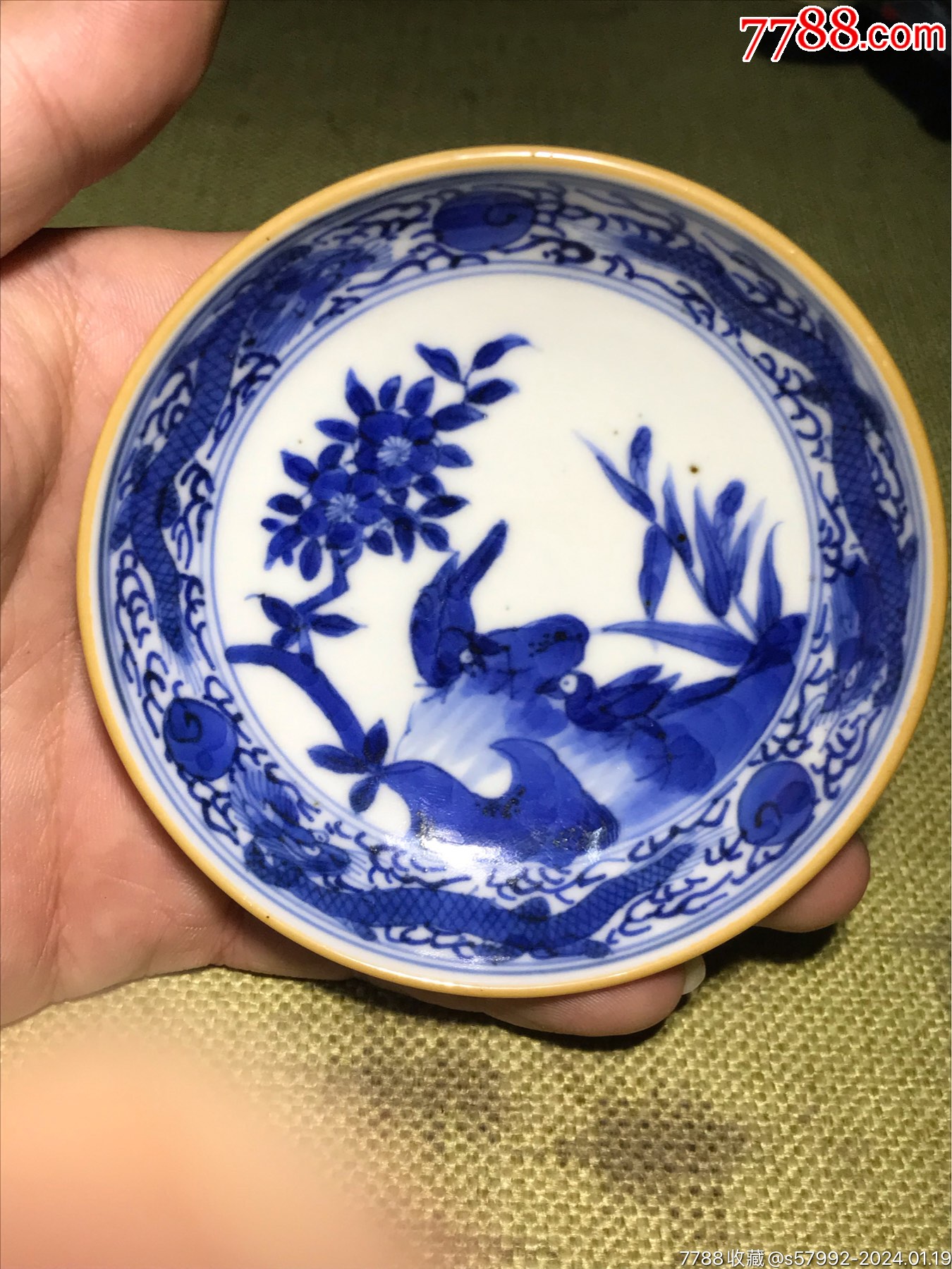 中国古玩青花古染付薄瑠璃宝珠文蓮華二客 康熙翠毛蓝小笔舔-青花瓷-7788旧书网