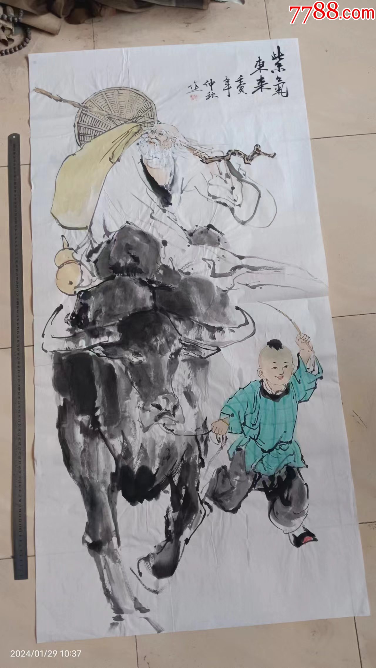 长136宽69厘米，手绘大尺寸人物画国画老子画像，紫气东来图-人物国画
