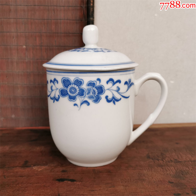 一拍堂80年代瓷器茶杯五彩蓝海棠杯子中国群力陶瓷茶具醴陵胜利杯带盖杯 