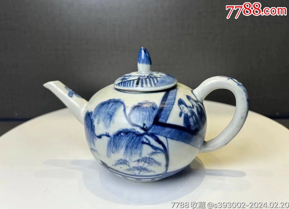 清康熙青花瓷人物茶壶，树叶款**瓷，明清老瓷器收藏，完整无修，画工