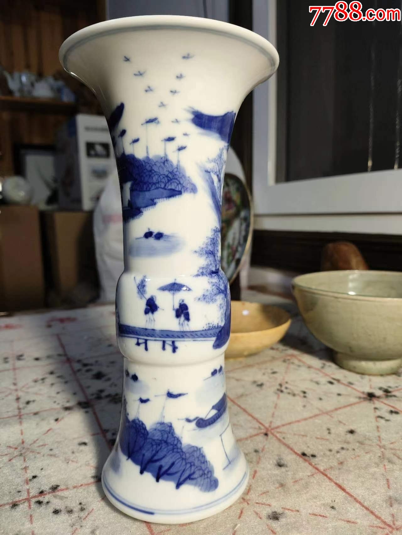 中国 青花 山水人物文 水注瓶 C R7882 陶芸