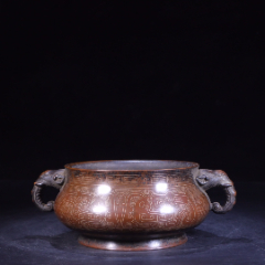 整理中　鋳銅　清富造　象嵌饕餮文　双耳香炉　1098 双凤耳“花开富贵”铜鎏金香炉3-铜炉-7788红宝书