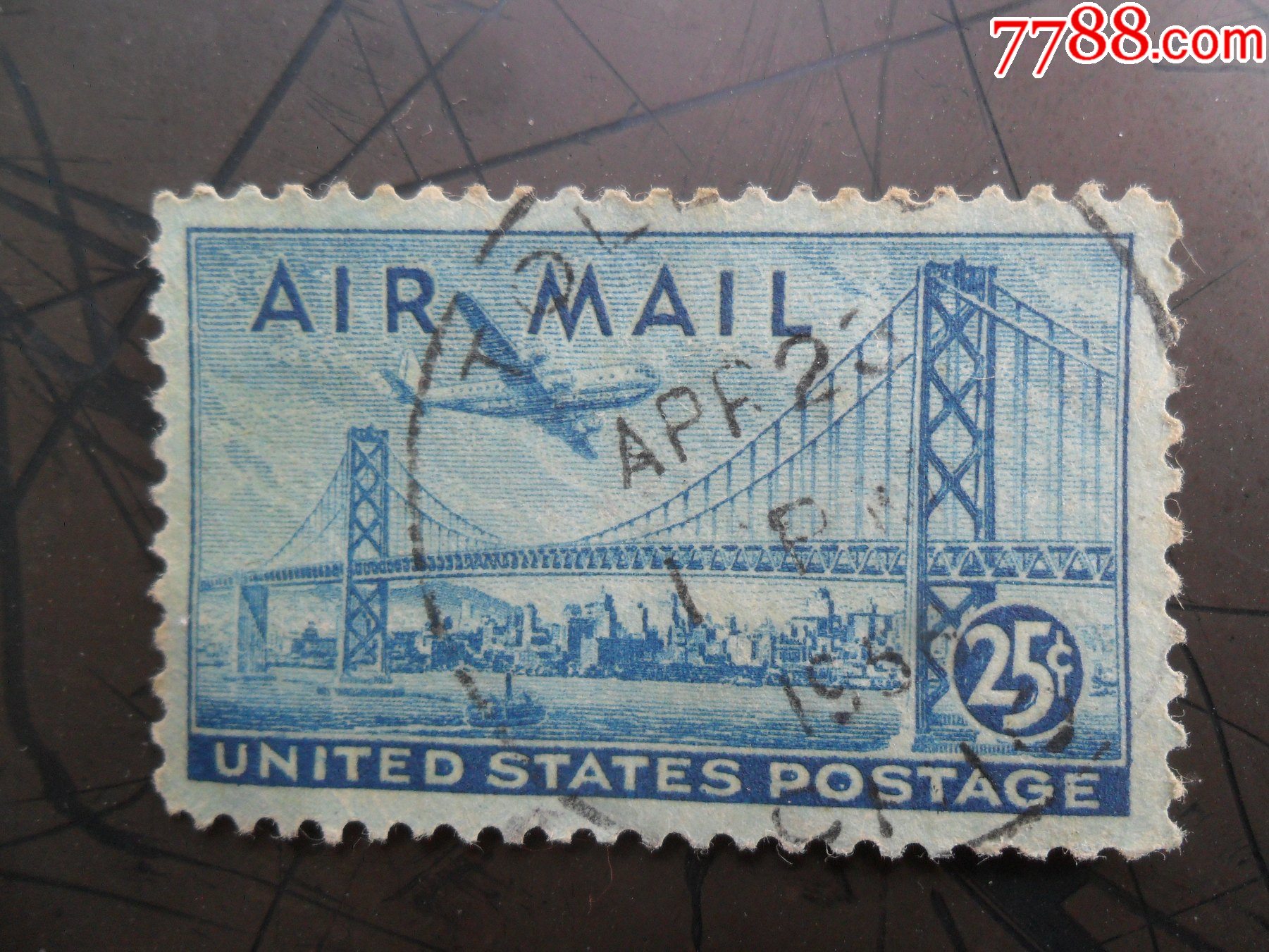 1947年美国旧金山，奥克兰湾桥，波音-377飞机，雕刻版航空邮票1枚
