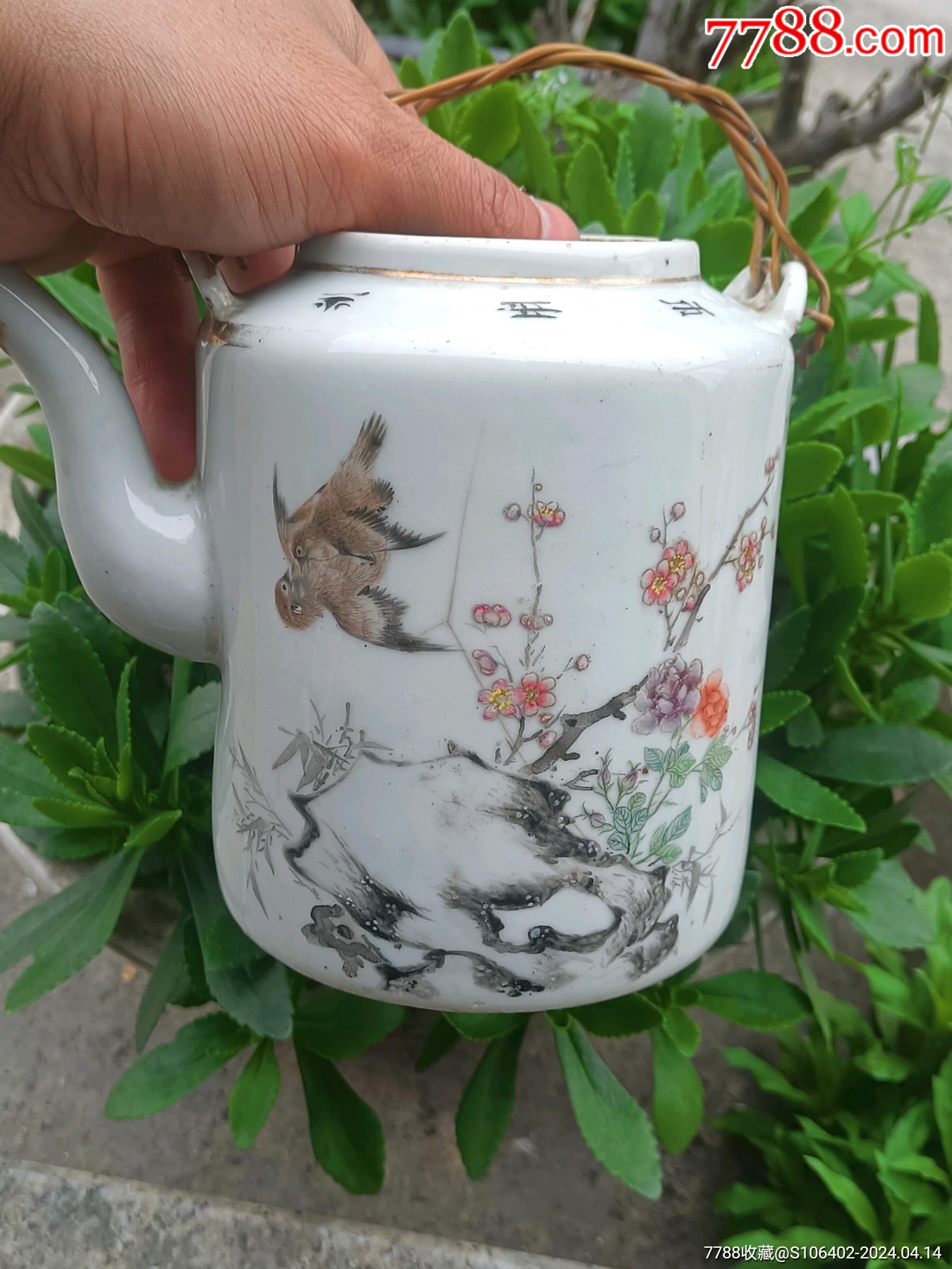 集】053028粉彩茶盃5客 唐子花鳥文絵 中国清時代焼物