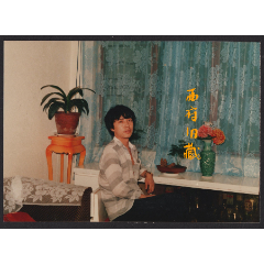 八十年代，绿色窗帘前的家居人像老照片