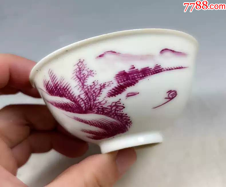 民国细瓷薄胎胭脂红山水莲子茶碗-红釉瓷-7788旧书网