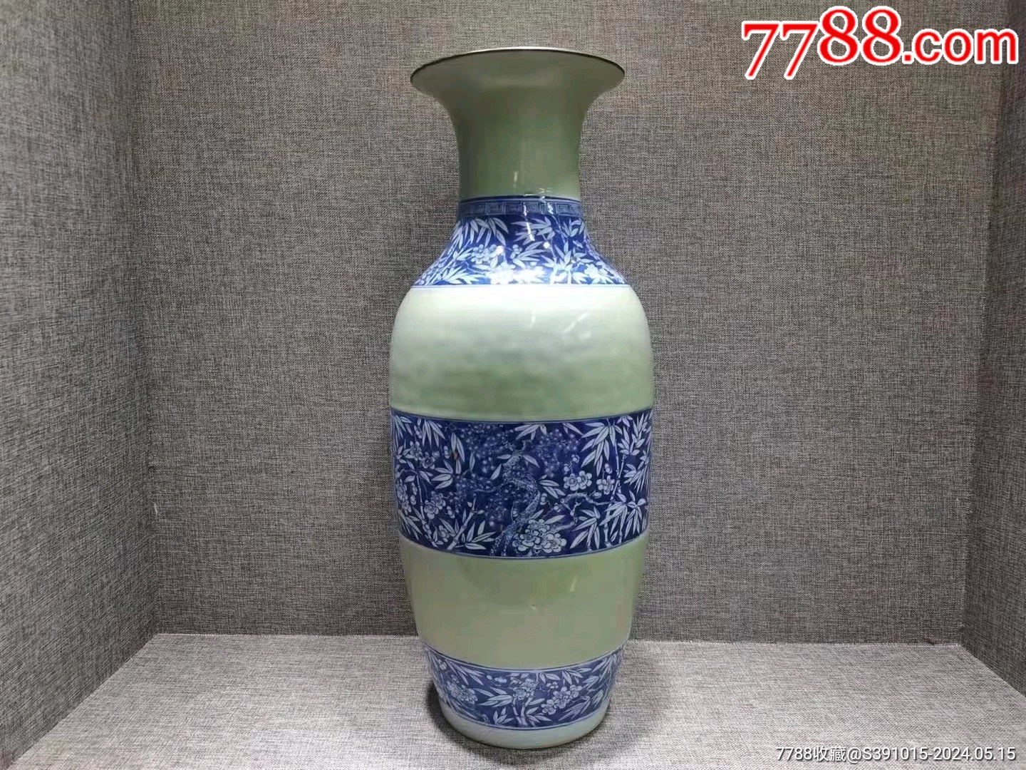 乾隆豆青釉青花竹节纹三百件超大瓶_青花瓷_收藏价格_交易出手_