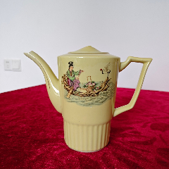 茶壶收藏壶盖1978年款红绿蓝彩柱子花鸟图提梁茶壶完美品
