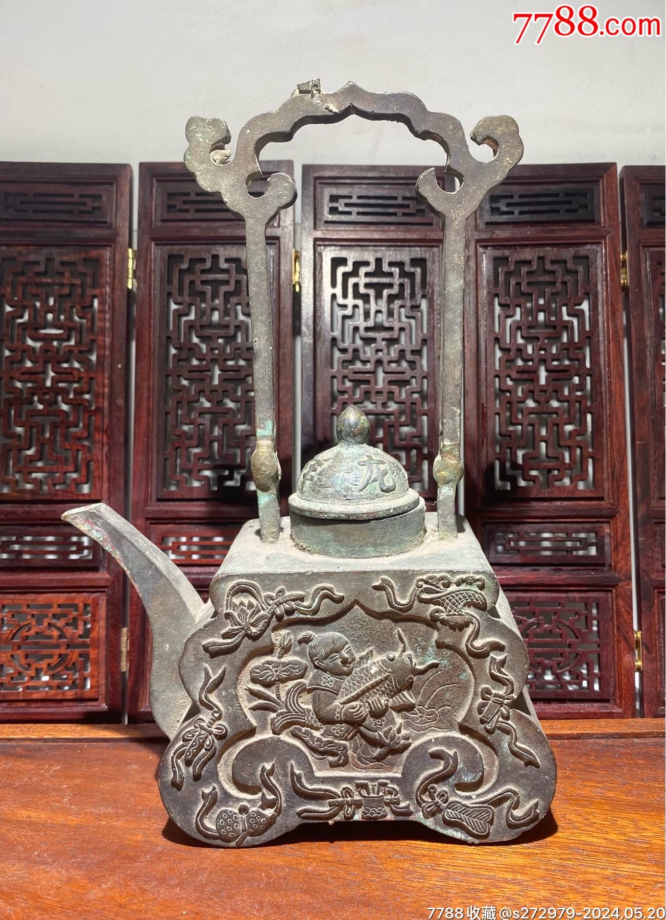 一线铜提梁壶一把，-铜壶/铜瓶-7788奇石收藏