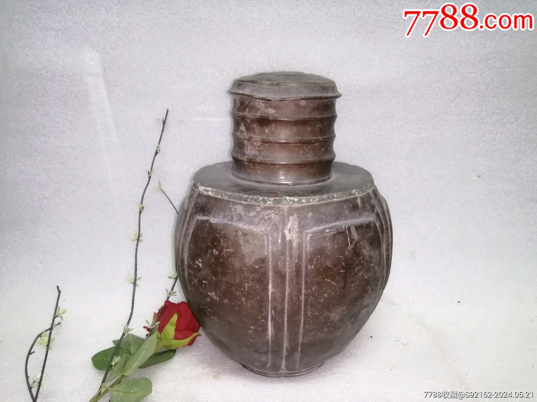 1383 時代錫器 本錫製　 梅文　茶入 煎茶道具 薩摩 純正錫 山崎製 古錫梅文 急須 時代箱 M R5009