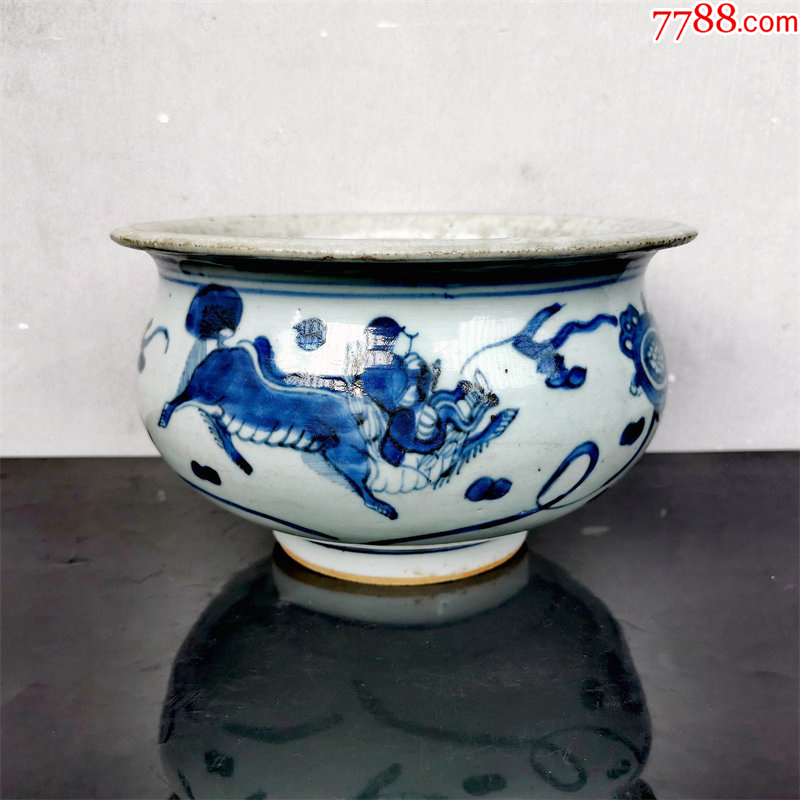 一拍堂清朝顺治康熙青花瓷器罗汉炉景德镇古董香炉老古玩收藏真品双狮戏