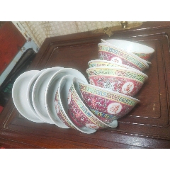 老物件景德镇老厂货粉彩万寿无疆碗12个合售品优略微岁月痕迹老相自然