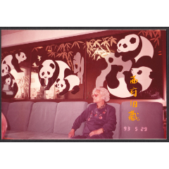 1993年，在一个整面背景都以大熊猫为装饰画的酒店里留念老照片