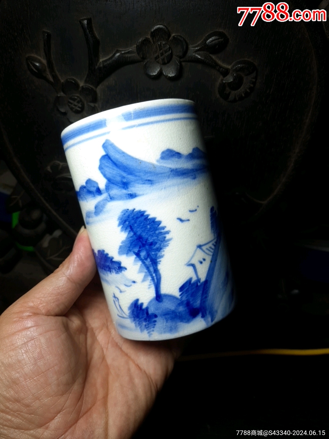 中国 青花 山水文 八角水孟 筆洗 V R7988