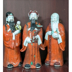福建會館底款珊瑚紅粉彩福祿壽三星瓷塑擺件_雷雷的店