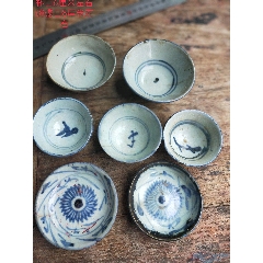 清朝民国豆青釉四季花青花酒具酒杯7个-其他酒具用品-7788旧书网