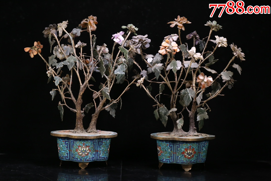 景泰蓝玉石花卉盆景，-景泰蓝/珐琅-7788旧书网