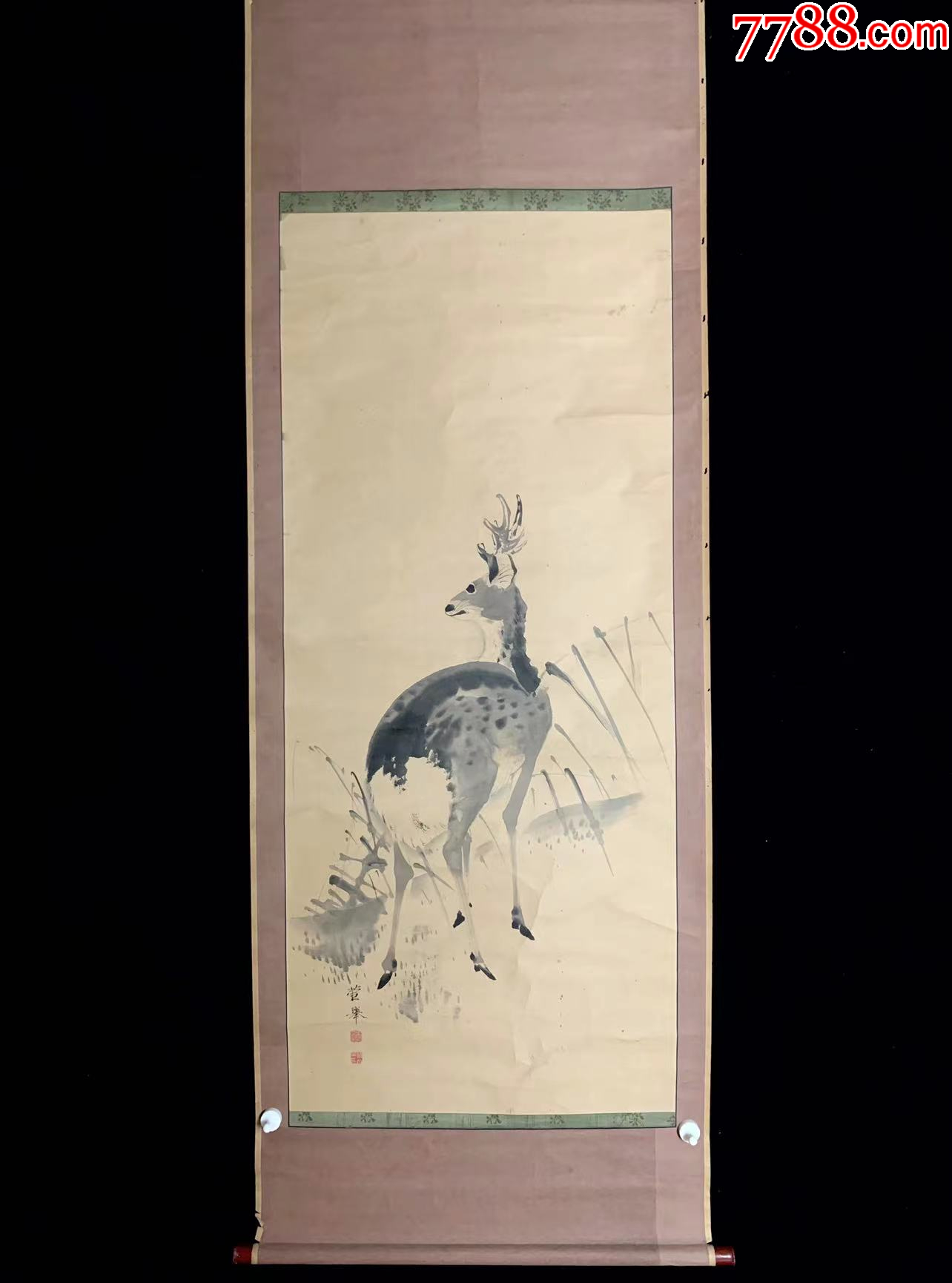手绘】《清代鹿图》7423书画挂轴日本回流茶道茶室字画真迹-花鸟国画