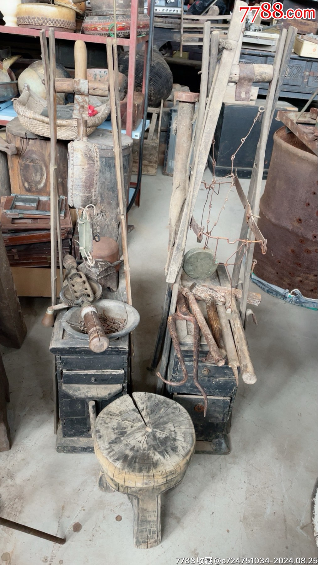 清代锔瓷挑子一套，有工具十件、锔钉若干、一木整挖工具凳。展馆收藏装饰佳品。_其他收藏品_图片价格_收藏行情_7788集邮网
