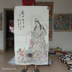 长114宽66厘米，手绘人物画国画，宣纸画，童子拜骑龙观音