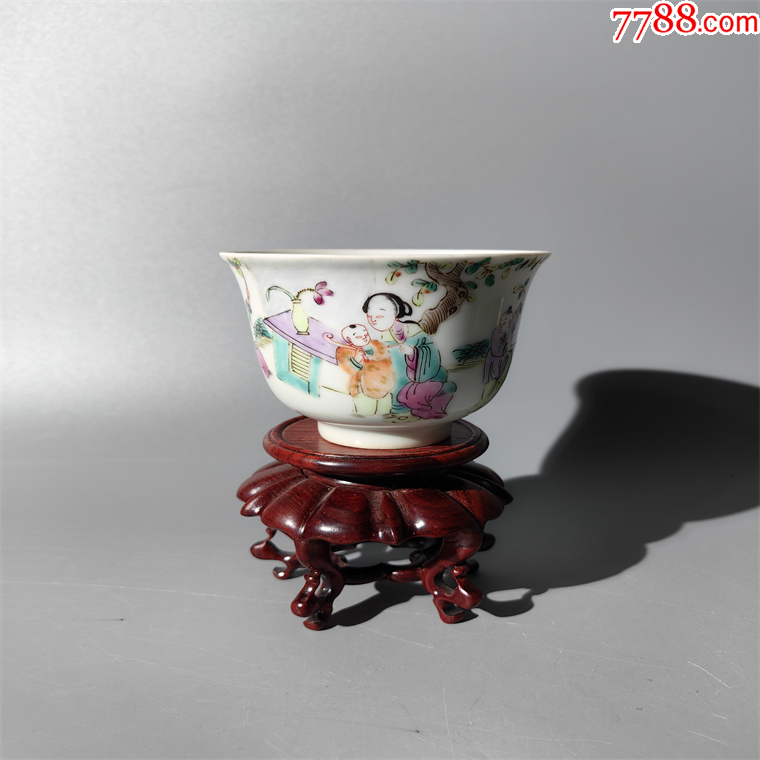 同治粉彩三娘教子杯老瓷器古玩古董收藏老瓷器青花粉彩浅绛彩