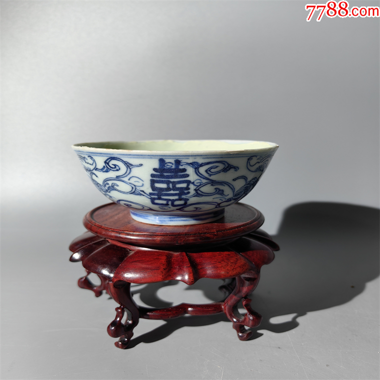 嘉庆青花缠枝莲喜字杯茶器茶具杯子壶承盖置汤吞茶盘茶托茶盏-青花瓷