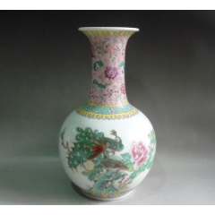 景德镇艺术瓷厂/粉彩/孔雀牡丹花瓶_旧瓷器_怀旧时光古玩店【7788