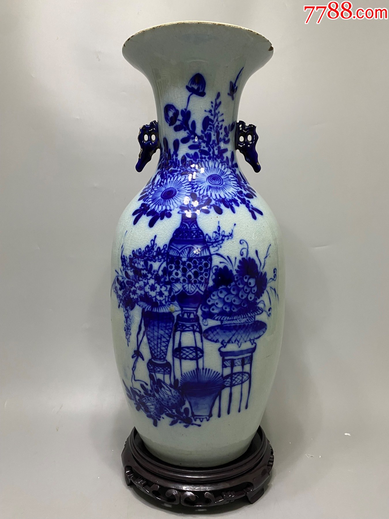 清代北方三百件青花博古大瓶。掉耳尖口沿磨损。画工精美器型硕大。永久保真三包快递安_青花瓷_诚信通天下【7788收藏__收藏热线】