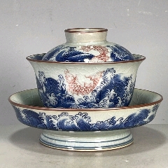 老窯瓷青花釉里紅魚藻紋三才蓋碗_新匯創(chuàng)億商行