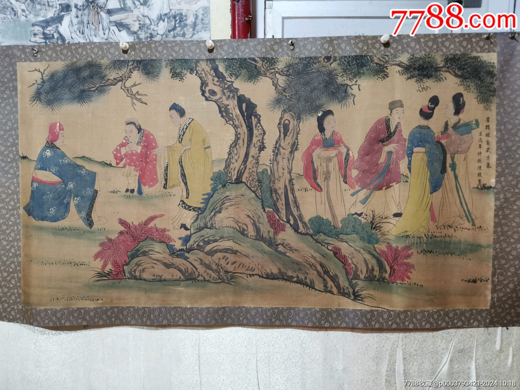 旧画佚名纯手绘宫廷绢本人物聚198+98Cm横五尺片，唐寅横的在以前非_