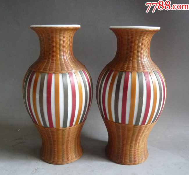 四川工艺竹制品/竹丝瓷瓶一对_旧瓷器_怀旧时光古玩店【7788红宝书】