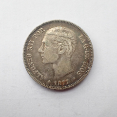 原味好品西班牙1877年阿方索十二世5比塞塔大银币_西班牙钱币_古楚泉社