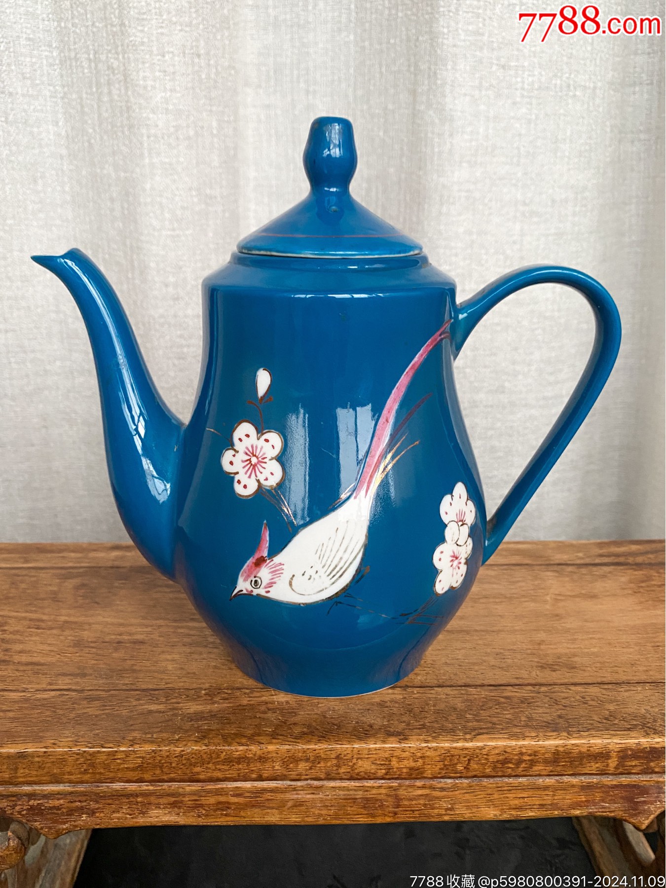 80年代博山陶瓷锦青釉绶带鸟茶壶-蓝釉瓷-7788旧书网
