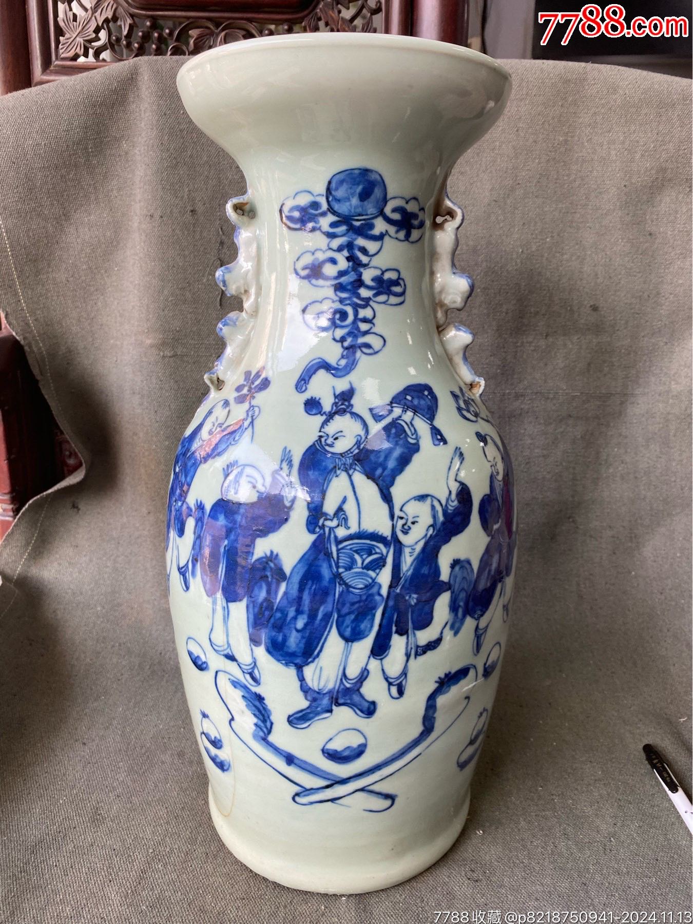 中国清時代豆青釉花瓶 清代时期，豆青釉青花高加白五子夺魁大花瓶-青花瓷-7788红宝书