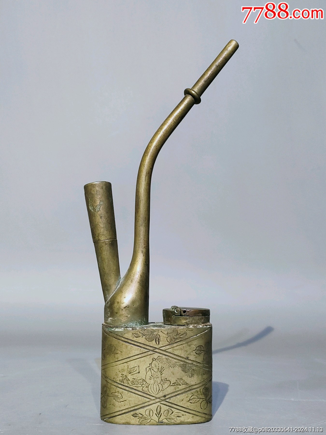 清代白铜烟袋雕刻人物花卉，工艺大气，品完好，_水烟壶/烟袋_小小陈