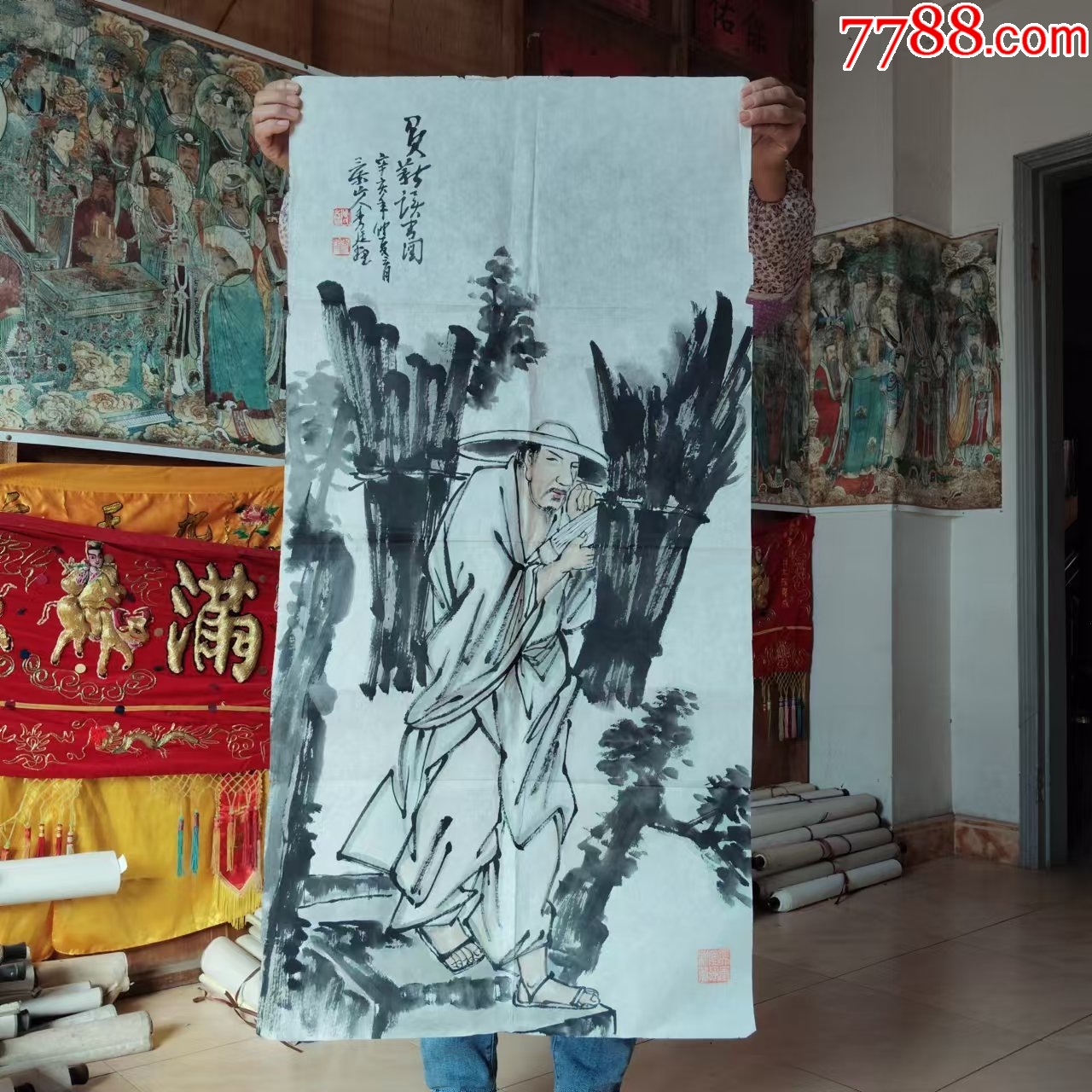 长100宽50厘米，手绘名家人物画国画蒲，他别读书别挑柴_人物国画原作_收藏价格_鉴定交易_7788瓷器网