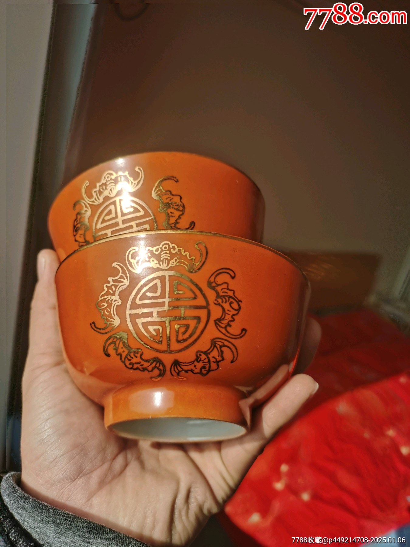 晚清珊瑚红描金五福捧寿碗一对，全品未使用，金水顶级。古人的
