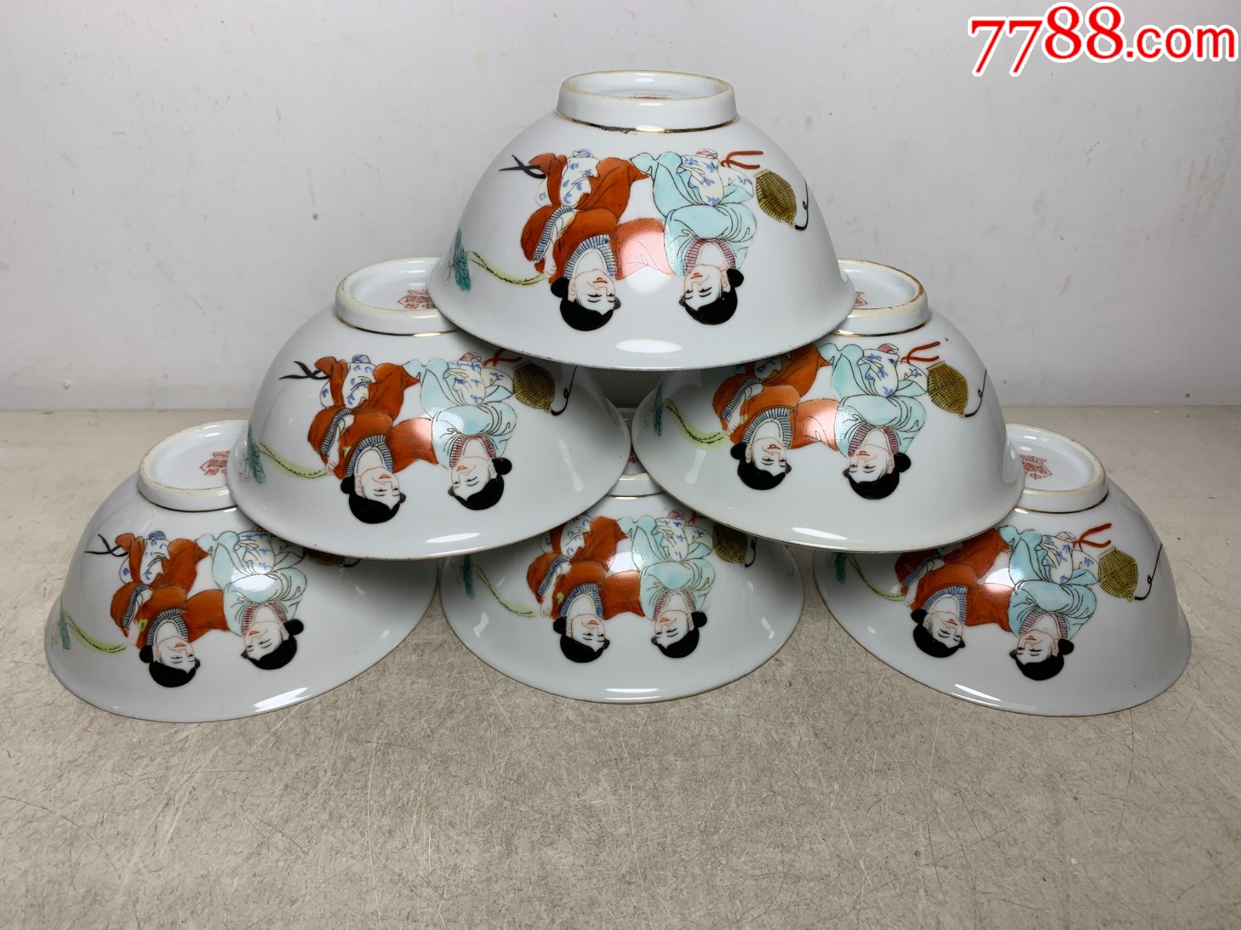 七十年代粉彩合和二仙碗六个