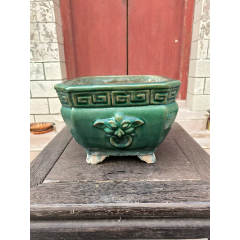 一个七八十年代老石湾四兽头绿釉四方花盆_绿陶_聚古堂【7788红宝书】