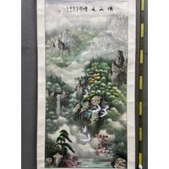 张仁芳，大幅青绿山水中堂《仙山风晴图》国画书法古玩字画。纸本