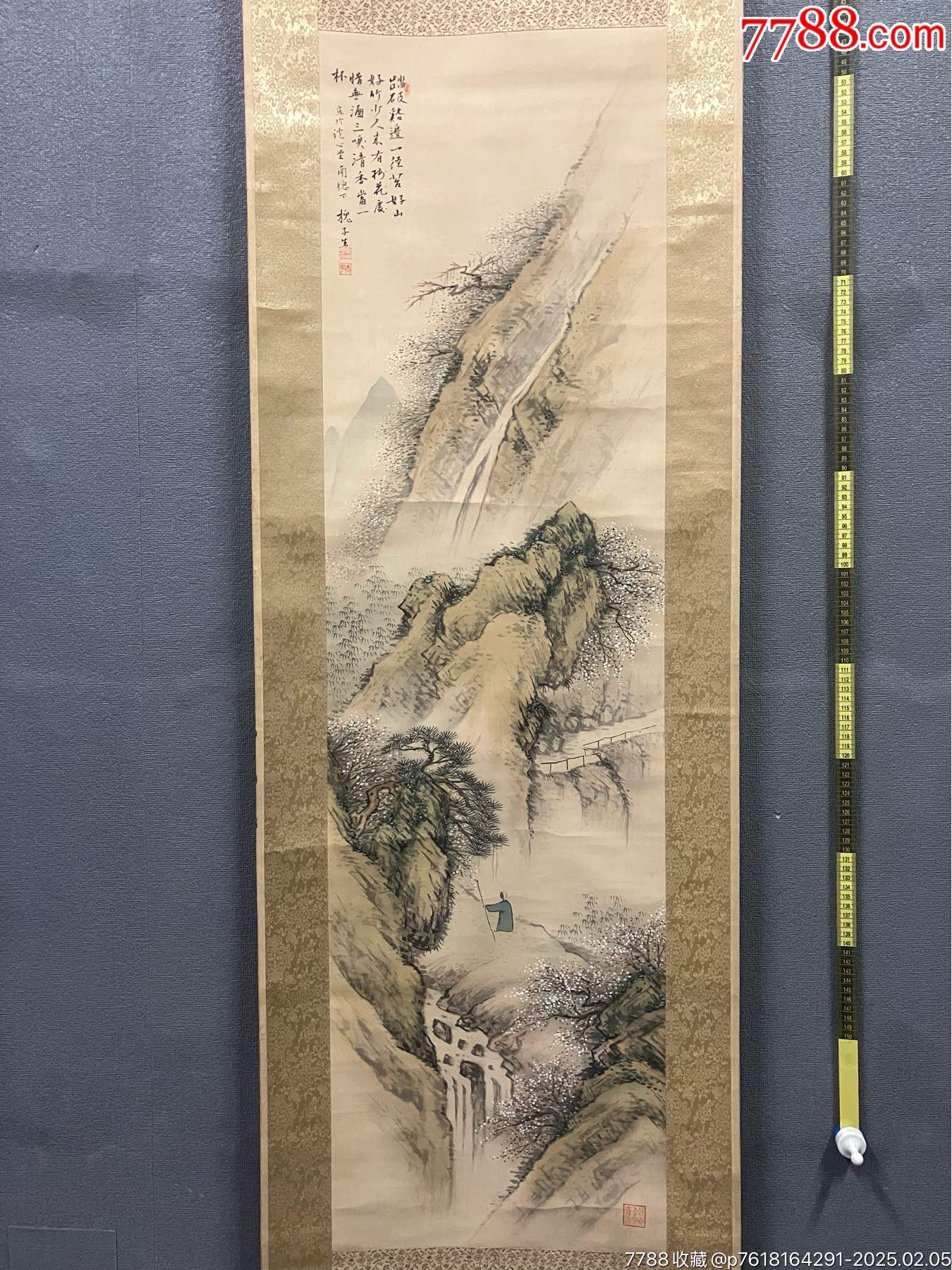 栗田槐子，民国时期南画青绿山水《梅山觅句图》国画书法古玩字画。绢本