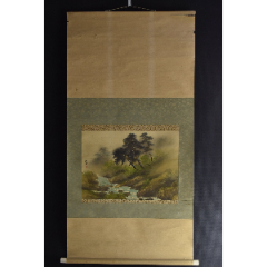 VH6168）绢本手绘《山水风景图》装裱立轴画一幅绫裱两侧树脂轴头