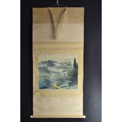VH6168）绢本手绘《山水风景图》装裱立轴画一幅绫裱两侧树脂轴头