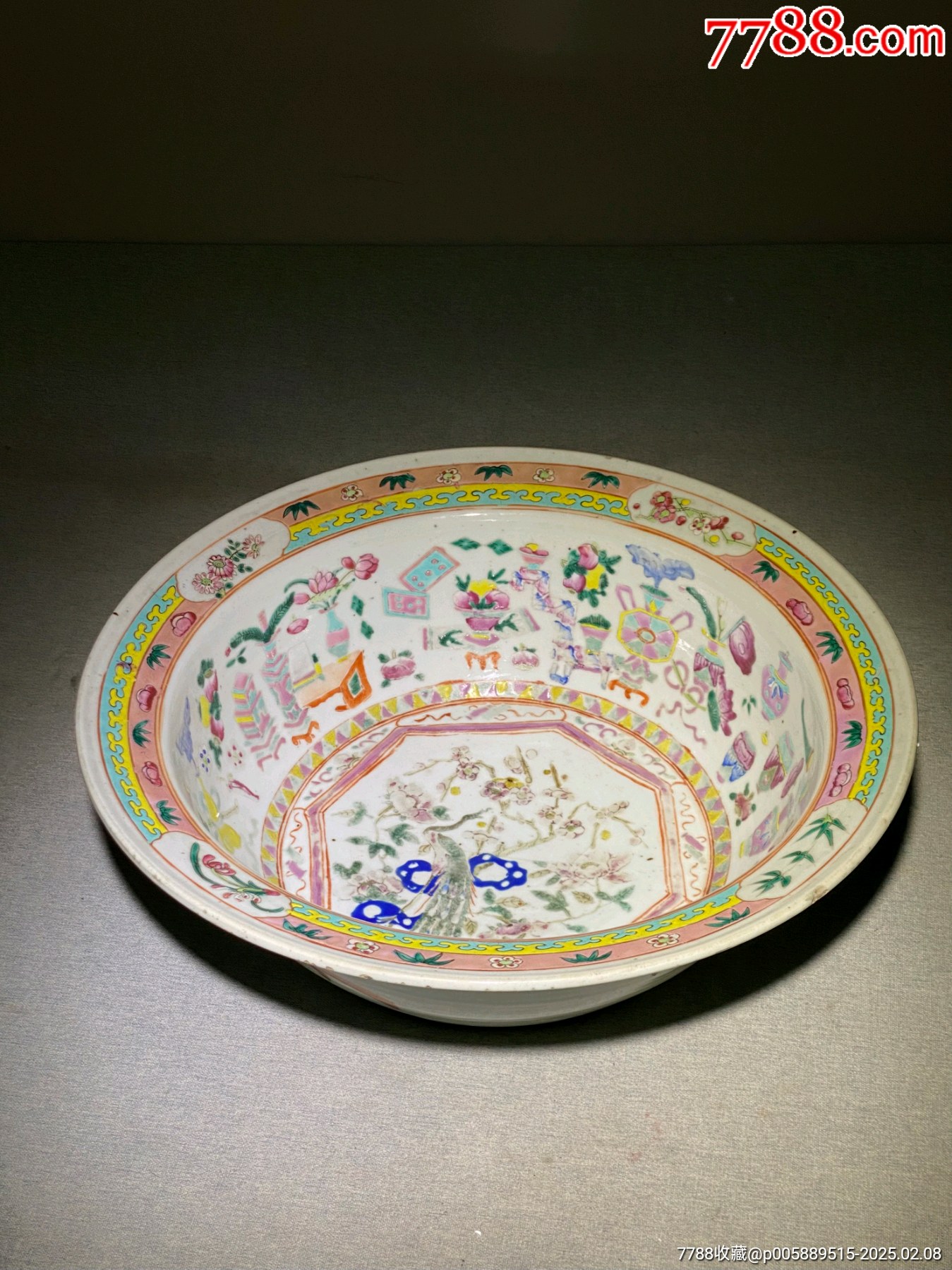 晚清，粉彩孔雀花卉博古纹洗盆-价格:2800元-se105063913-彩绘瓷/彩瓷-零售-7788收藏__收藏热线