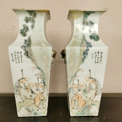 古玩舊藏清代淺絳彩人物方瓶_雷雷的店