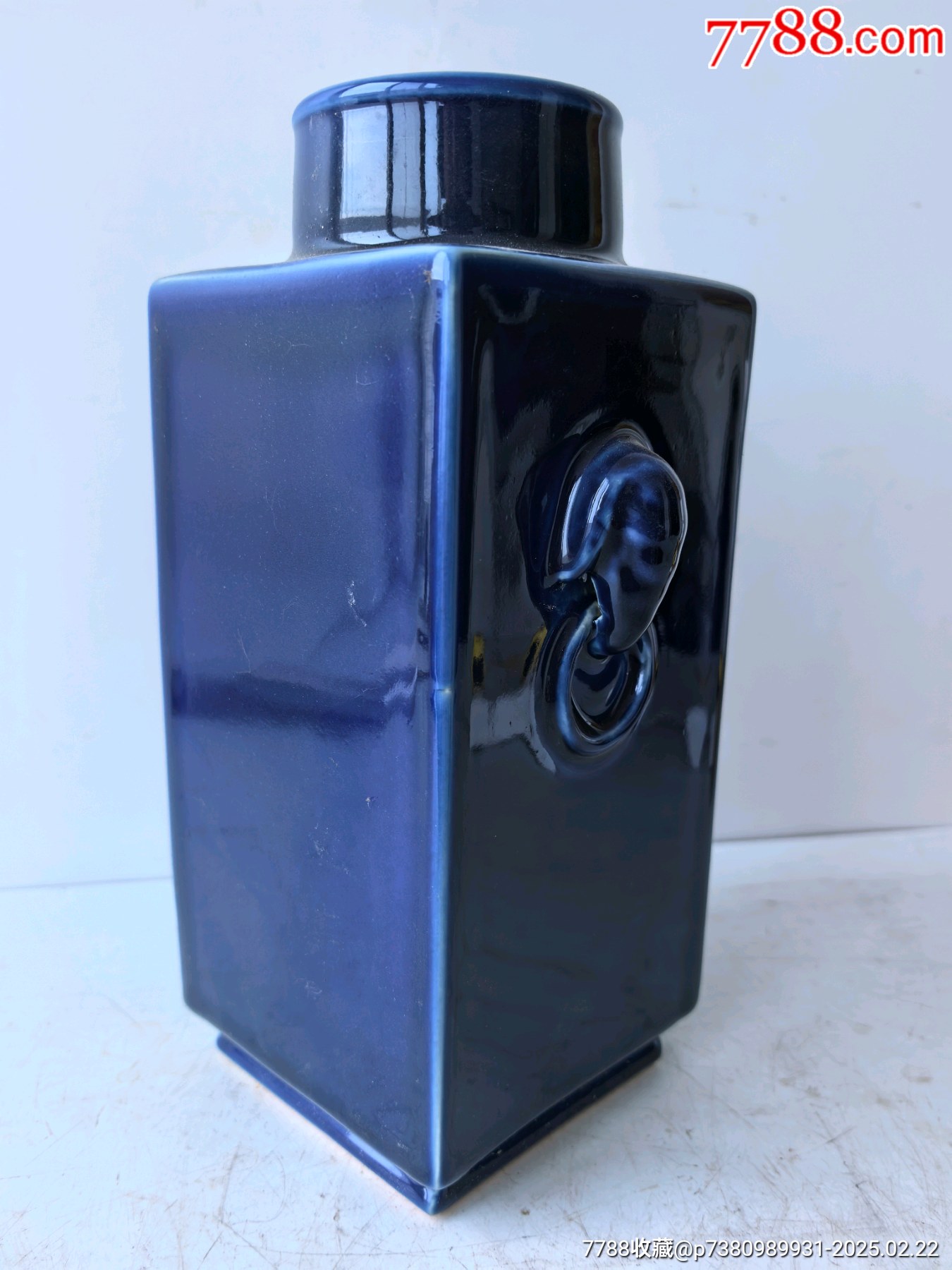 x130 中国 清代 藍釉 象耳方形瓶 角花瓶 高さ25.5cm